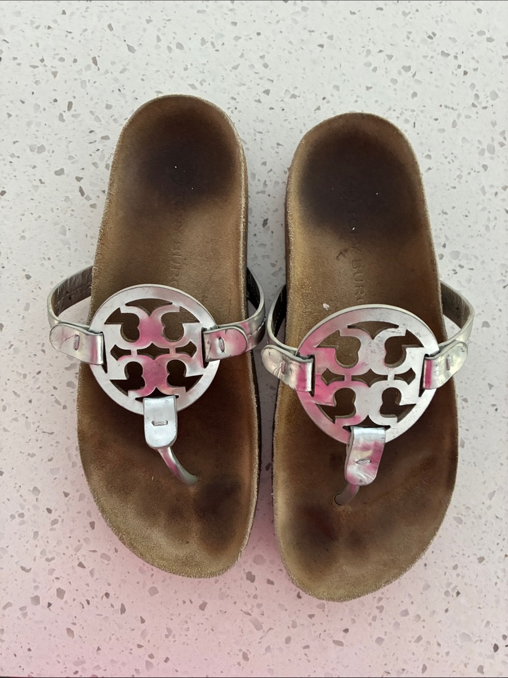 Tory Burch Metallic Silver Logo Thong Sandals with Brown Footbed